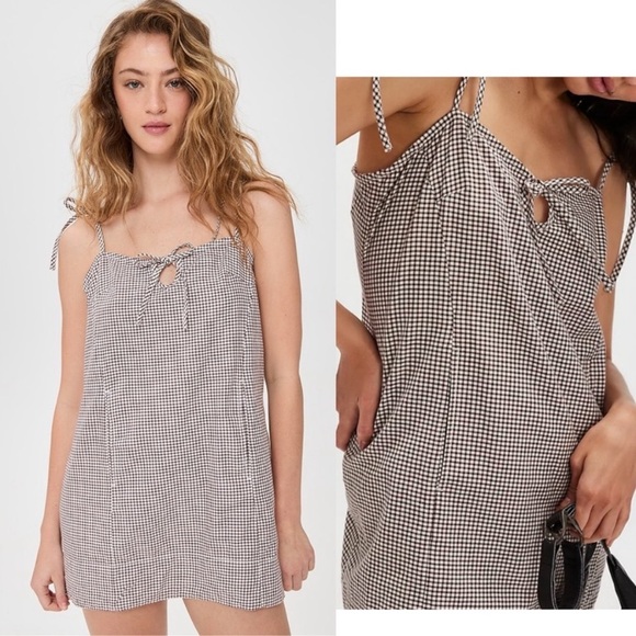 Free People Arlo Plaid Mini Dress Slouchy Sweetheart Neck  Medium Ivory Combo - Picture 2 of 16